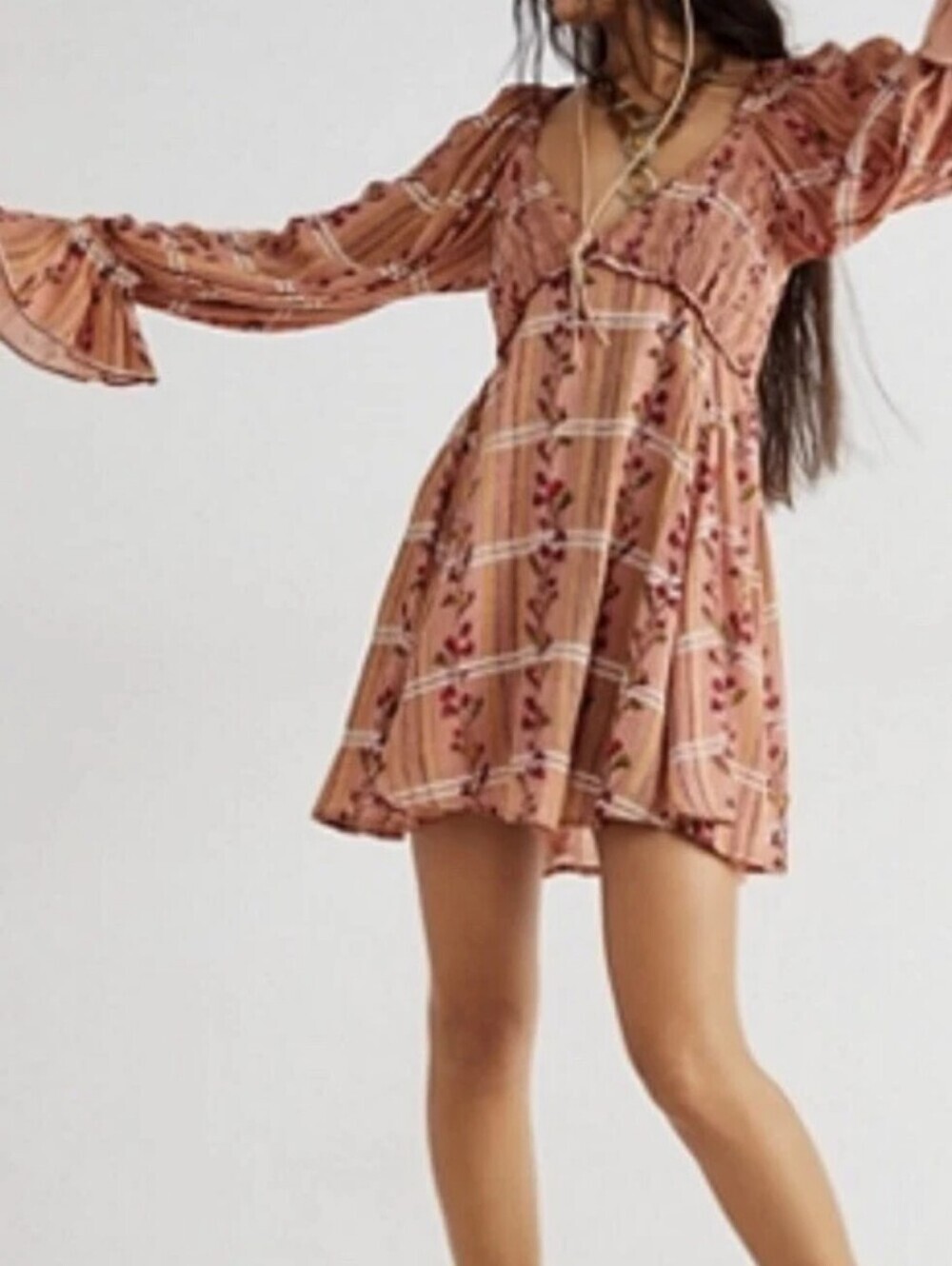 Free People Jackie Smocked Shirred Printed Floral Cute Mini Dress XS Oversized